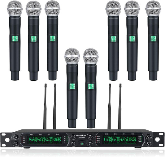 Wireless Microphone System, Phenyx Pro 8-Channel UHF Cordless Mic Set with Eight Handheld Mics, Fixed Frequency, All Metal Build, Long Range 260ft, Ideal for Karaoke,Church,Events (PTU-4000A)