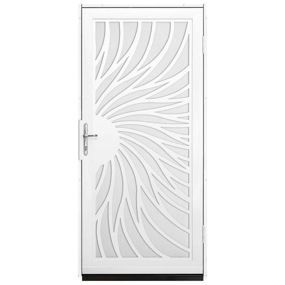 Unique Home Designs 36 in. x 80 in. Solstice White Surface Mount Steel Security Door with White Perforated Screen and Brass Hard